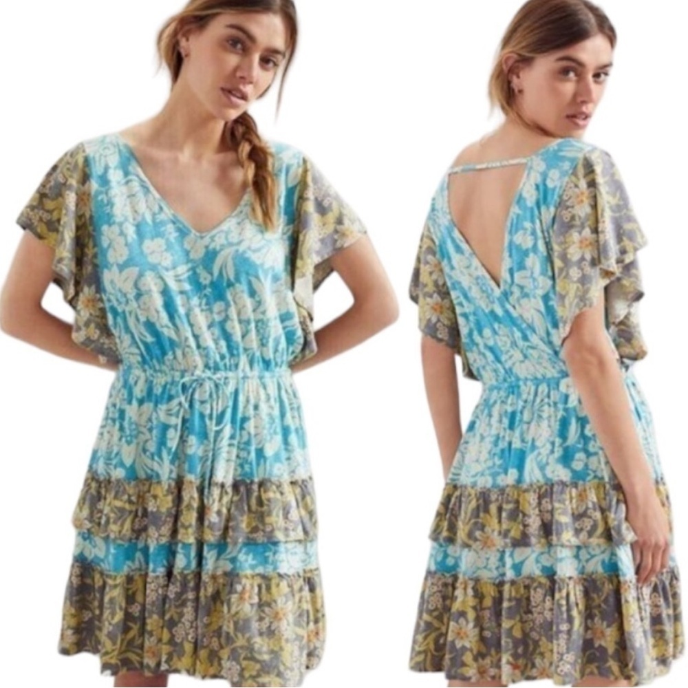 Anthropologie Daily Practice Blue Tan Tiered Ruffle Mini Dress. Size XS
